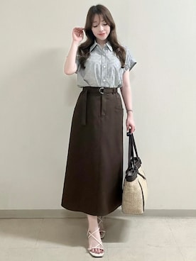 「Reflect（リフレクト）の【接触冷感】フレンチスリーブシャツブラウス（シャツ/ブラウス、ブラック系）」を使った、maiさん（レディース・153cm）の夏コーディネート