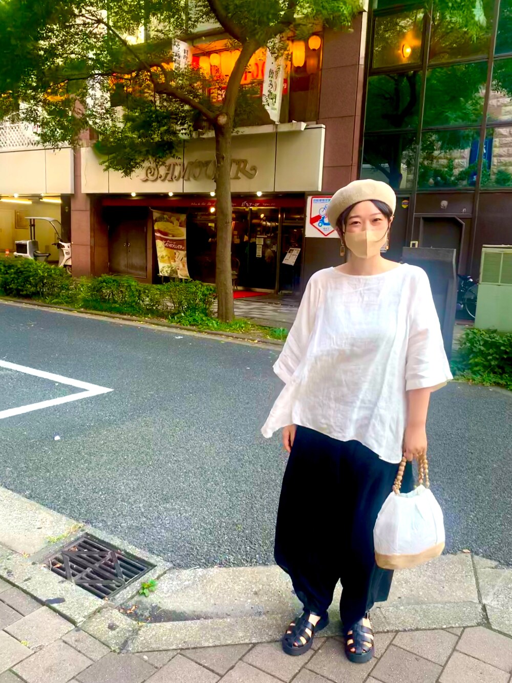 「シンプルコーデ、リネンコーデ、デブでもオシャレ」｜「Samansa Mos2のリネン混ベレー（ハンチング/ベレー帽、ベージュ系）」を使った、natsuさん（レディース・161cm）の夏コーディネートの1枚目の写真