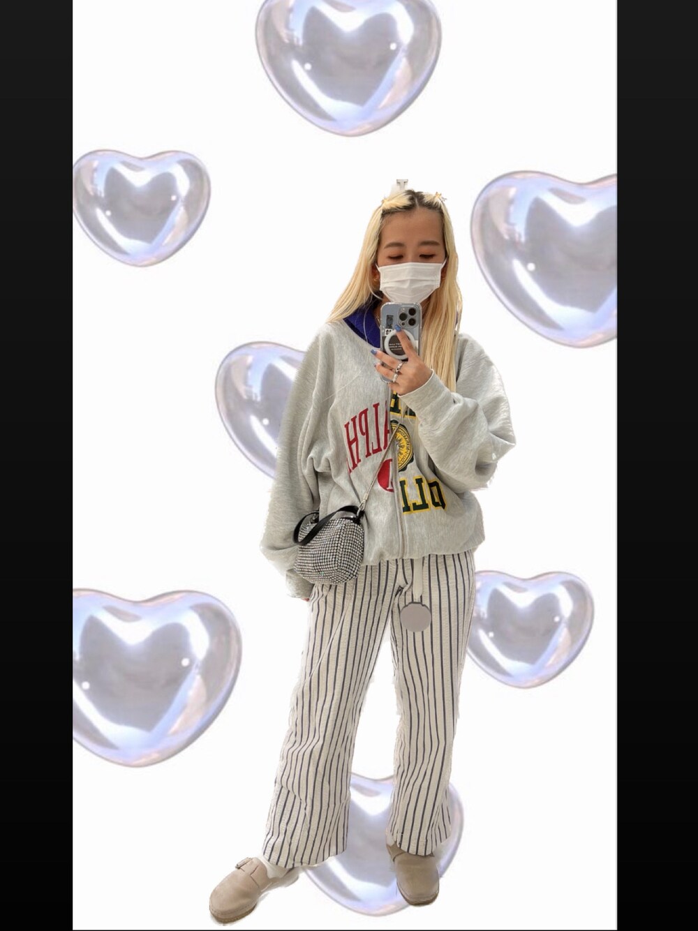 「春服コーデ、休日コーデ、ラクチンコーデ、着回しコーデ、パンツスタイル、ストライプパンツ、ジップパーカ、madebysunnysideup、アレキサンダーワン、Alexander Wang、キラキラバッグ、オーバーサイズ、ストリートファッション、ストリートコーデ、ストリート服が好き」｜「green label relaxingのアイテム（パンツ、その他）」を使った、Mikuさん（レディース・158cm）の春コーディネートの1枚目の写真