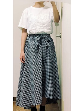 「MERLOT（メルロー）のドビーチェックウエストリボンスカート1401（スカート、ブラック系）」を使った、あやＰさん（レディース）の冬コーディネート