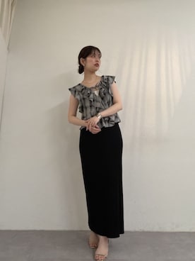 「natural couture（ナチュラルクチュール）の前後２WAYチェックラッフルブラウス（シャツ/ブラウス、ブラック系）」を使った、おそのさん（レディース・167cm）の夏コーディネート