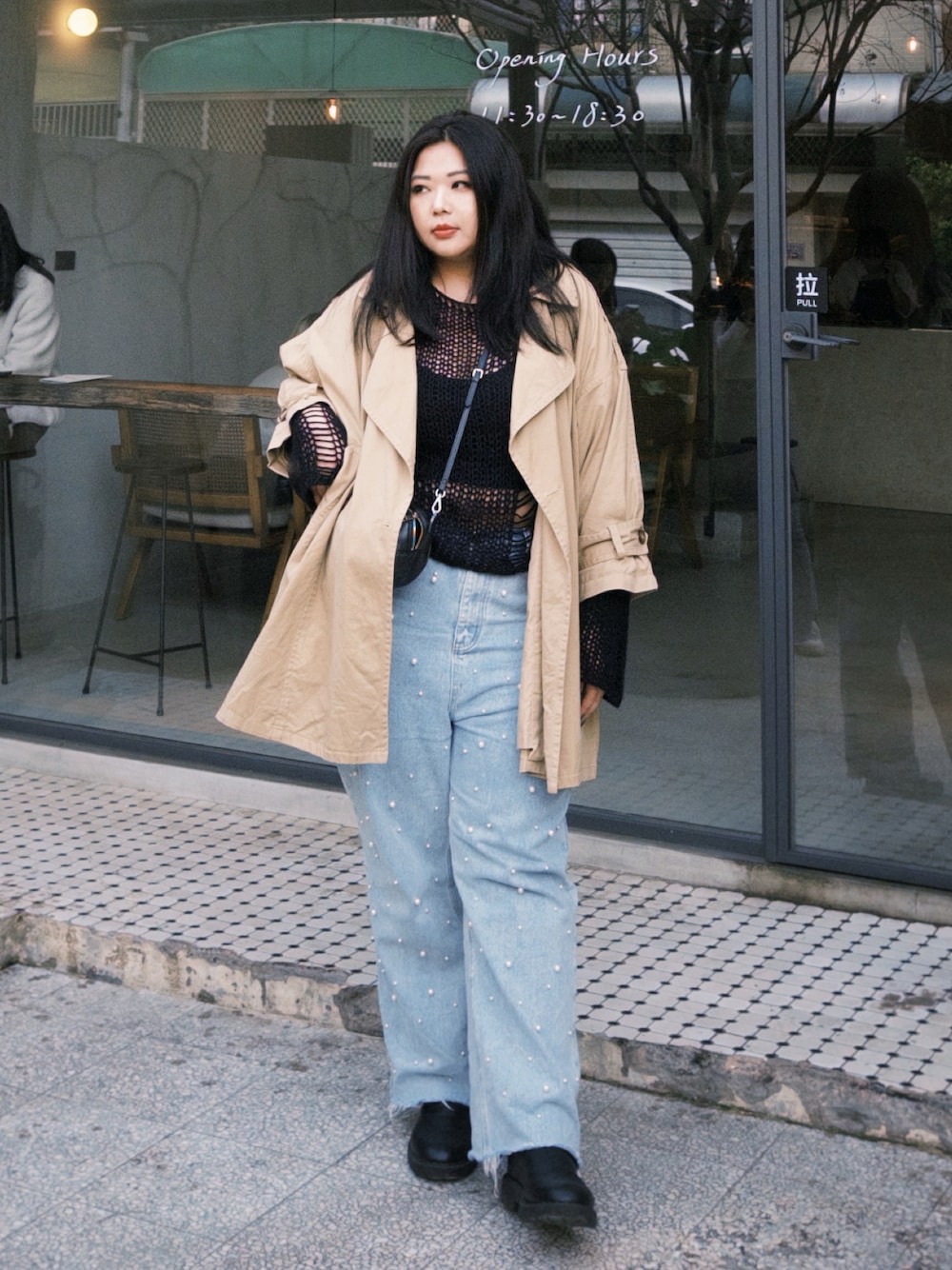 「今日のコーデ、春服コーデ、大人可愛い、UNIQLO、PAZZO、台湾、ぽっちゃり、ラファコーデ、高身長女子、plussize、ジーンズ」｜「VV DOUBLEのアイテム（デニムパンツ、ブルー系）」を使った、包BAOさん（レディース・172cm）の春コーディネートの1枚目の写真