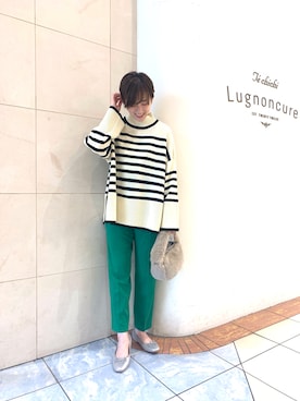 「ボーダーニット」｜「アイテム（バレエシューズ）」を使った、カスミさん（レディース・157cm）の秋コーディネート