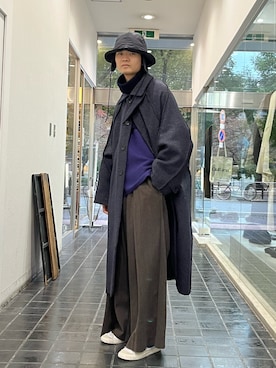 「Nine Tailor（ナインテイラー）のアイテム（帽子）」を使った、Wallace & Murronさん（メンズ・173cm）の冬コーディネート