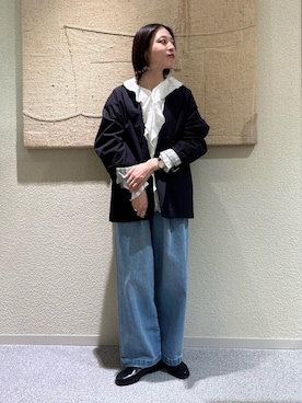 「かぐれ（カグレ）のリネンフリルカラーシャツ（シャツ/ブラウス、ホワイト系）」を使った、takagi naoさん（レディース・165cm）の春コーディネート