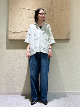 「かぐれ（カグレ）のリネンスキッパーシャツ（シャツ/ブラウス、グリーン系）」を使った、takagi naoさん（レディース・165cm）の春コーディネート