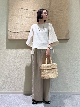 「かぐれ（カグレ）のリネンコットンフレアプルオーバー（シャツ/ブラウス、ホワイト系）」を使った、takagi naoさん（レディース・165cm）の夏コーディネート