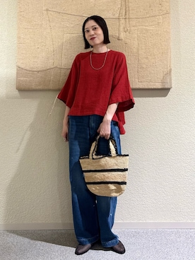 「かぐれ（カグレ）のIndego Africa　ODETTE TOTE MINI（かごバッグ、ベージュ系）」を使った、takagi naoさん（レディース・165cm）の春コーディネート