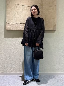 「かぐれ（カグレ）のラミーギャザーブラウス（シャツ/ブラウス、ブラック系）」を使った、takagi naoさん（レディース・165cm）の春コーディネート