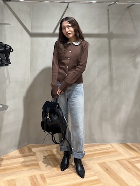 「FREE'S MART（フリーズマート）の◆〈ＭＦＭ〉レース襟ニット（ニット/セーター、ブラウン系）」を使った、yuiさん（レディース・148cm）の夏コーディネート