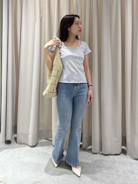 「FREE'S MART（フリーズマート）の◆レースコンパクトカットソー（Tシャツ/カットソー、ブルー系）」を使った、yuiさん（レディース・148cm）の春コーディネート