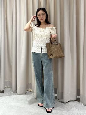 「FREE'S MART（フリーズマート）の◆フレンチスリーブジャガードカットソー（Tシャツ/カットソー、ホワイト系）」を使った、yuiさん（レディース・148cm）の夏コーディネート