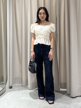 「FREE'S MART（フリーズマート）の◆シャーリングフレンチブラウス（シャツ/ブラウス、ホワイト系）」を使った、yuiさん（レディース・148cm）の夏コーディネート