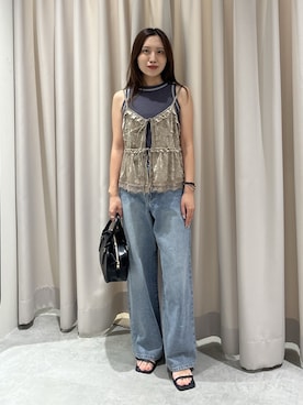 「FREE'S MART（フリーズマート）の◆シアーベロア裾レースビスチェ（シャツ/ブラウス、ベージュ系）」を使った、yuiさん（レディース・148cm）の夏コーディネート