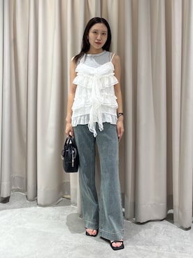 「FREE'S MART（フリーズマート）の◆フリルレースキャミソール（シャツ/ブラウス、ホワイト系）」を使った、yuiさん（レディース・148cm）の夏コーディネート