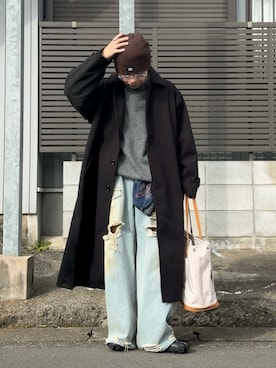 「アイテム（ステンカラーコート）」を使った、みっち~さん（メンズ・165cm）の冬コーディネート