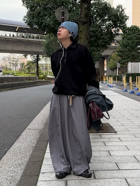 「Aphlotus（アプロタス）のスウェットオーバーサイズハーフジップトレーナー（スウェット、ブラック系）」を使った、みっち~さん（メンズ・165cm）の春コーディネート