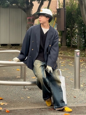 「アイテム（テーラードジャケット、ブルー系）」を使った、みっち~さん（メンズ・165cm）の秋コーディネート