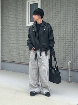 「アイテム（ライダースジャケット）」を使った、みっち~さん（メンズ・165cm）の秋コーディネート