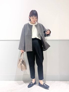 「ウツクシルエット_GLOBAL WORK」｜「アイテム（ノーカラーコート）」を使った、kida.さん（レディース・165cm）の冬コーディネート