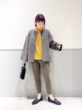 「ウツクシルエット_GLOBAL WORK」｜「アイテム（ノーカラーコート）」を使った、kida.さん（レディース・165cm）の秋コーディネート