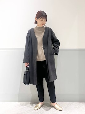 「ウツクシルエット_GLOBAL WORK」｜「アイテム（ノーカラーコート）」を使った、kida.さん（レディース・165cm）の冬コーディネート