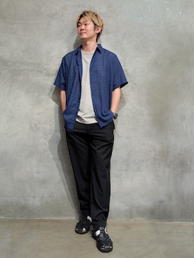 「THE SHOP TK （ザ ショップ ティーケー ）の【洗濯機OK】格子柄メッシュ半袖シャツ（シャツ/ブラウス、ブルー系）」を使った、藤田さん（メンズ）の夏コーディネート