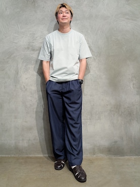 「THE SHOP TK （ザ ショップ ティーケー ）の【涼しい・透けにくい・乾きやすい 夏に欲しい機能、全部入り。】BO-NO TEE/ボーノTシャツ　洗濯機OK/吸水速乾/UVカット/透け防止/遮熱/接触冷感（Tシャツ/カットソー、グリーン系）」を使った、藤田さん（メンズ）の夏コーディネート