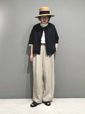 「かぐれ（カグレ）のノーカラーハーフスリーブジャケット（ノーカラージャケット、ブラック系）」を使った、yoshidadaさん（レディース・162cm）の春コーディネート