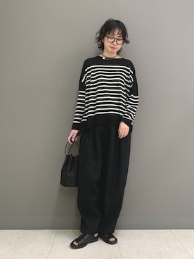 「かぐれ（カグレ）のシアーコットンボーダーボートネック（ニット/セーター、ブラック系）」を使った、yoshidadaさん（レディース・162cm）の夏コーディネート