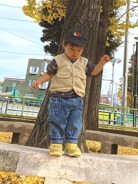 「アイテム（キャップ）」を使った、いちまるさん（キッズ・70cm）の秋コーディネート