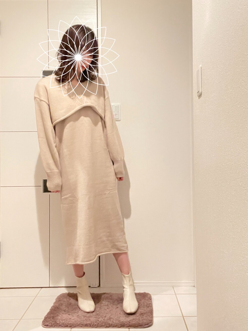 「冬コーデ、ニットワンピース、ベージュ、ワントーンコーデ、olu.、淡色コーデ」｜「Olu.のアイテム（ワンピース/ドレス、ベージュ系）」を使った、ちぇるさん（レディース・165cm）の春コーディネートの1枚目の写真