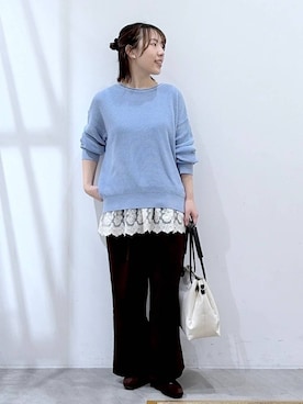 「Elura（エルーラ）のミドルゲージゆるニット/589490（ニット/セーター、ブルー系）」を使った、かわこさん（レディース）の春コーディネート