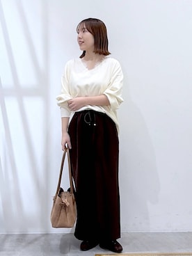 「Elura（エルーラ）のVカットスクエアフラットシューズ/597583（パンプス、ブラウン系）」を使った、かわこさん（レディース）の冬コーディネート