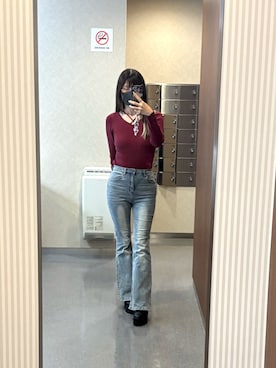 「RESEXXY（リゼクシー）のデコルテクロスニットトップス（ニット/セーター、レッド系）」を使った、deyilanniさん（レディース・166cm）の春コーディネート