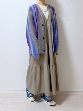 「LAKOLE（ラコレ）のグラデストライプカーディガン/146463（カーディガン/ボレロ）」を使った、はやまさんさん（レディース・165cm）の冬コーディネート