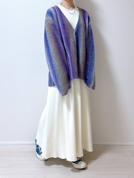 「LAKOLE（ラコレ）のグラデストライプカーディガン/146463（カーディガン/ボレロ）」を使った、はやまさんさん（レディース・165cm）の冬コーディネート