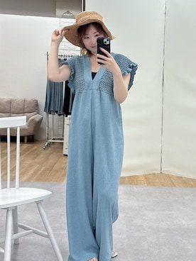 「nissen（ニッセン）の楊柳カットソーバックリボンオールインワン（つなぎ/オールインワン、ブルー系）」を使った、Aya momoさん（レディース・156cm）の夏コーディネート