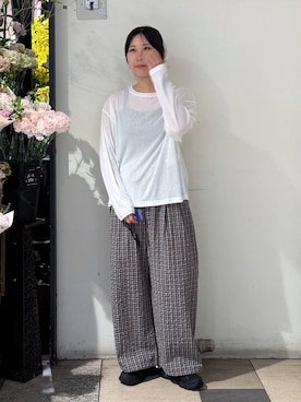 「LOWRYS FARM（ローリーズファーム）のＵＳＥＦＵＬシアープルオーバー　580950（Tシャツ/カットソー、ホワイト系）」を使った、なかじさん（レディース・165cm）の春コーディネート