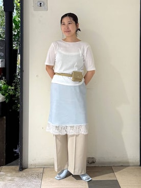 「LOWRYS FARM（ローリーズファーム）のラインストーンプルオーバーＳＳ 1045217（Tシャツ/カットソー、ホワイト系）」を使った、なかじさん（レディース・165cm）の夏コーディネート