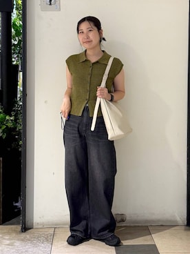 「LOWRYS FARM（ローリーズファーム）のメランジポロフレンチスリーブ　1045953（ベスト、グリーン系）」を使った、なかじさん（レディース・165cm）の夏コーディネート