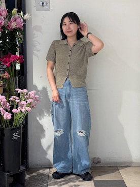 「LOWRYS FARM（ローリーズファーム）のワイドストレートデニムパンツ　607883（デニムパンツ、ブルー系）」を使った、なかじさん（レディース・165cm）の春コーディネート