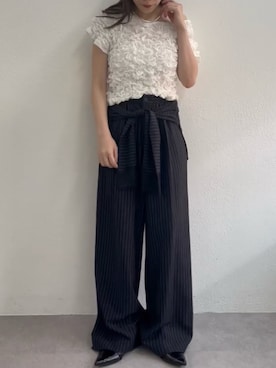 「mystic（ミスティック）の《新色RED》ふわふわシャーリングTシャツ（Tシャツ/カットソー、ホワイト系）」を使った、suzuさん（レディース・158cm）の夏コーディネート