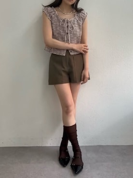 「mystic（ミスティック）のツイードリボンフレンチT（Tシャツ/カットソー、ピンク系）」を使った、suzuさん（レディース・158cm）の夏コーディネート