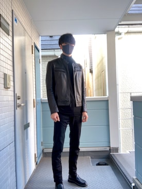 「no brand（ノーブランド）のアイテム（ライダースジャケット）」を使った、j.oさん（メンズ・185cm）の冬コーディネート