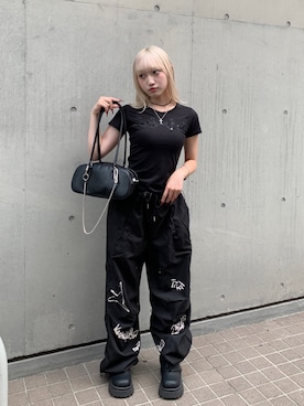 「lilful（リルフル）のレースリボン UネックリブピチT 透け感（Tシャツ/カットソー、ブラック系）」を使った、lilfulさん（レディース・155cm）の春コーディネート