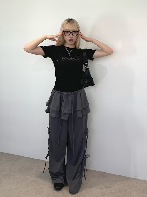 セール】サイドリボン ウエストフリル フェイクレイヤード ワイド