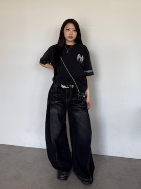 「lilful（リルフル）の【26年春夏新作】ヴィンテージ加工 エンジェルクロス リフレクタープリントTシャツ（Tシャツ/カットソー、ブラック系）」を使った、lilfulさん（レディース・156cm）の夏コーディネート
