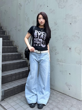 「lilful（リルフル）の【26年春夏新作】【新色ブラック追加！】Y2K グラフィックロゴプリントピチT（Tシャツ/カットソー、ブラック系）」を使った、lilfulさん（レディース・156cm）の夏コーディネート
