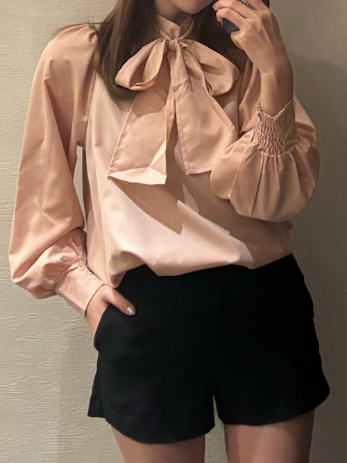 ハイネックバックリボンブラウス レディース Aライン パフスリーブ